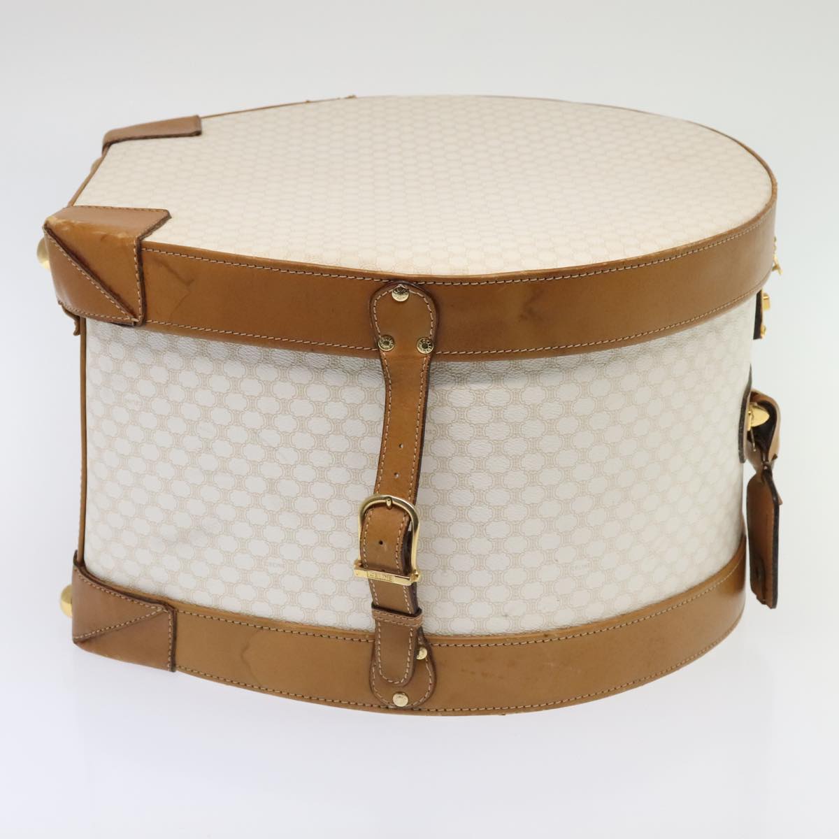 CELINE Macadam Canvas Hat Case Trunk PVC Leather White Auth 89338