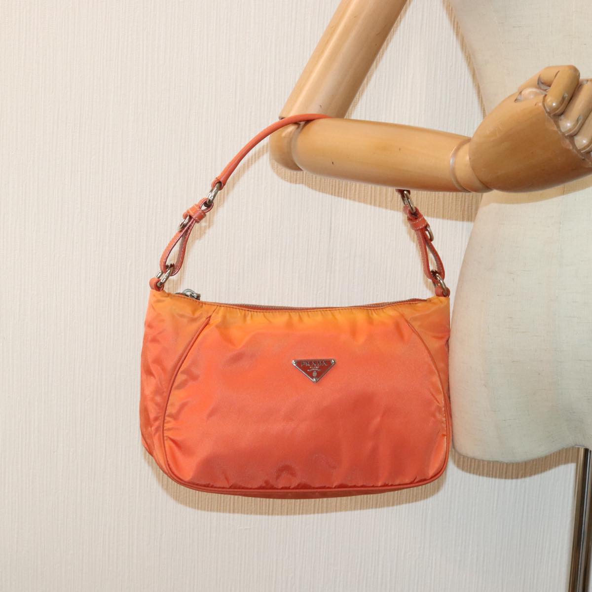 PRADA Shoulder Bag Nylon Orange Silver Auth 89359