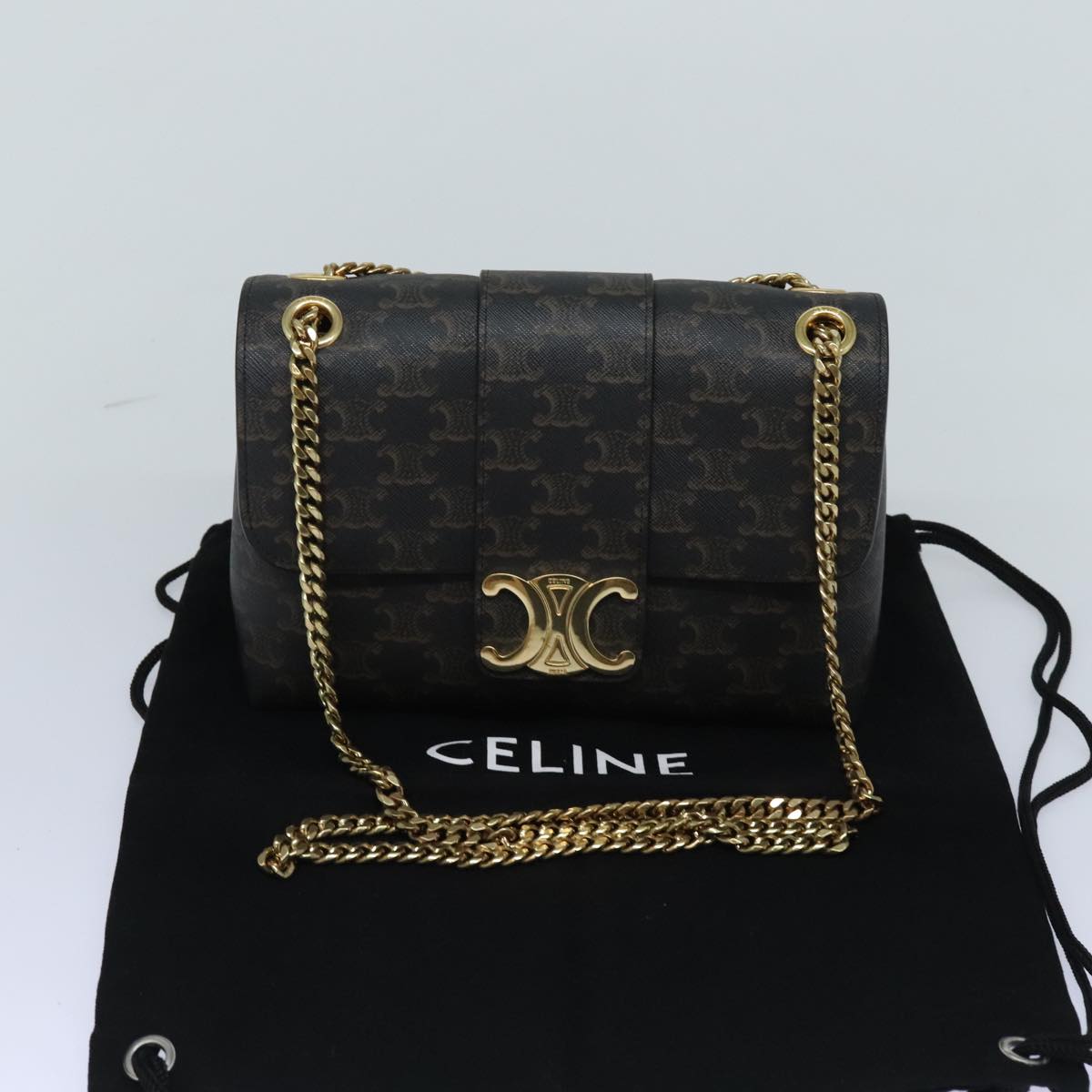 CELINE Triomphe Chain Shoulder Bag PVC Black Gold Auth 89361S