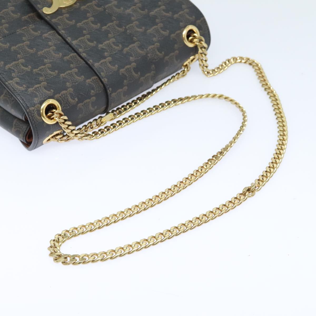 CELINE Triomphe Chain Shoulder Bag PVC Black Gold Auth 89361S