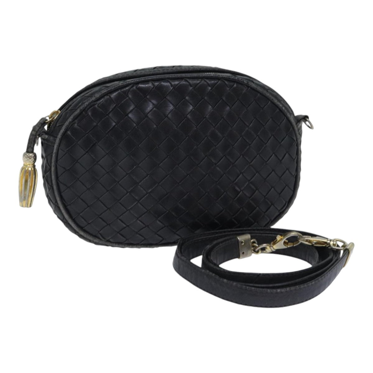 BOTTEGA VENETA INTRECCIATO Shoulder Bag Leather Black Gold Auth 89371