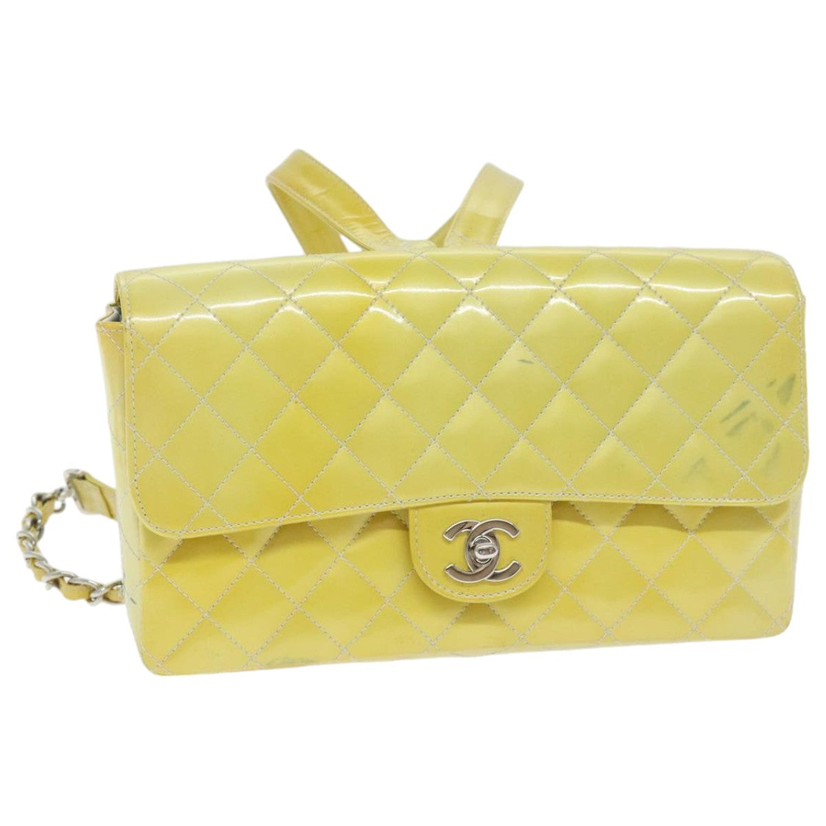 CHANEL Matelasse Backpack Patent leather Yellow Silver CC Auth 89374