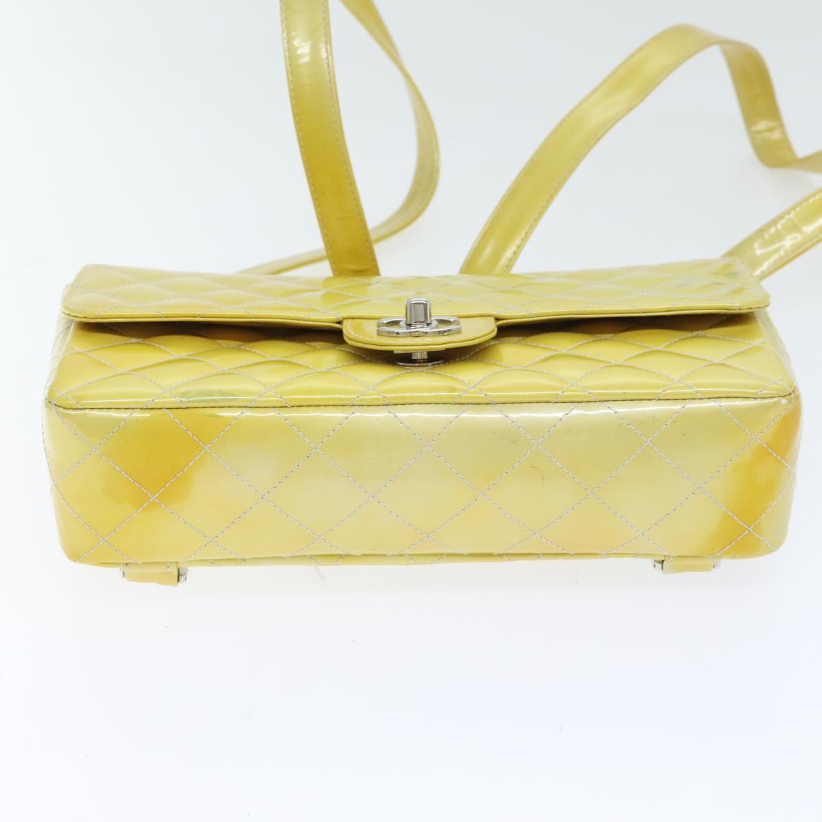 CHANEL Matelasse Backpack Patent leather Yellow Silver CC Auth 89374