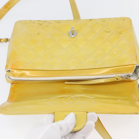 CHANEL Matelasse Backpack Patent leather Yellow Silver CC Auth 89374