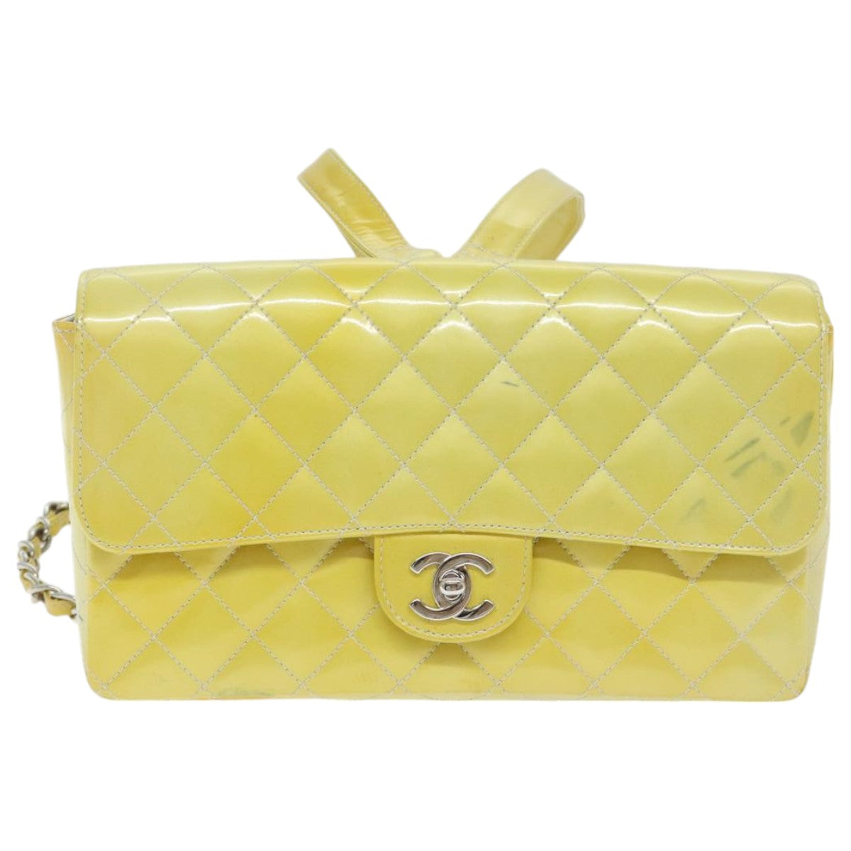 CHANEL Matelasse Backpack Patent leather Yellow Silver CC Auth 89374