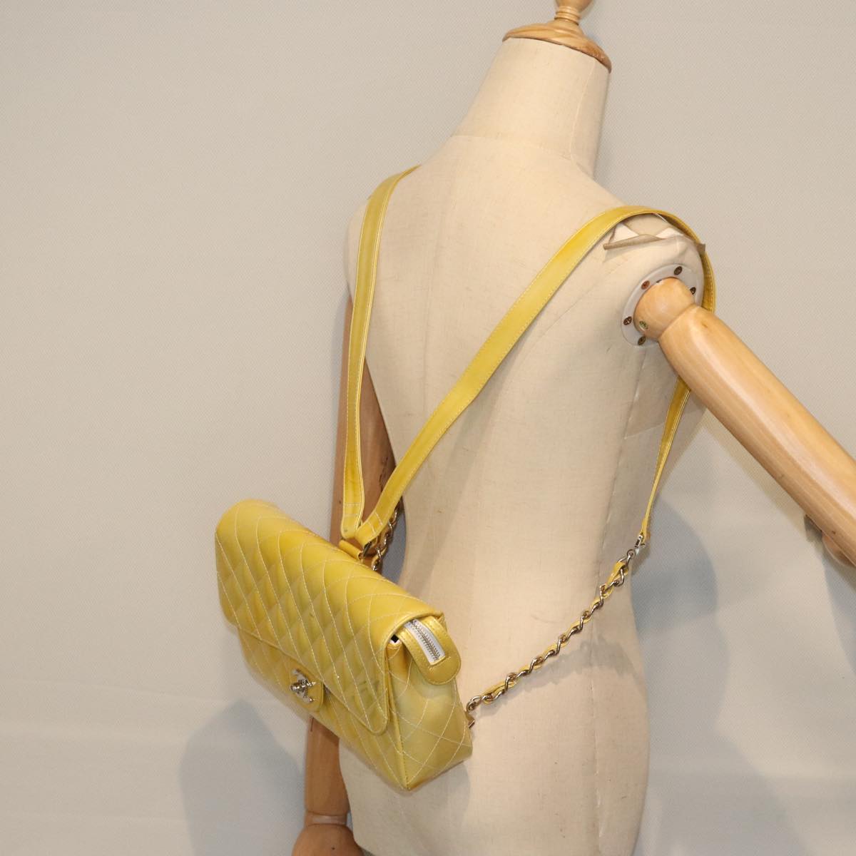 CHANEL Matelasse Backpack Patent leather Yellow Silver CC Auth 89374