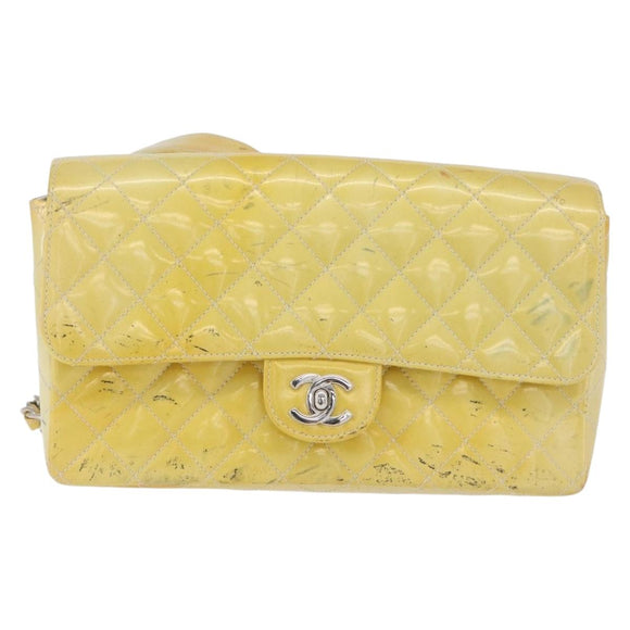 CHANEL Matelasse Backpack Patent leather Yellow Silver CC Auth 89374