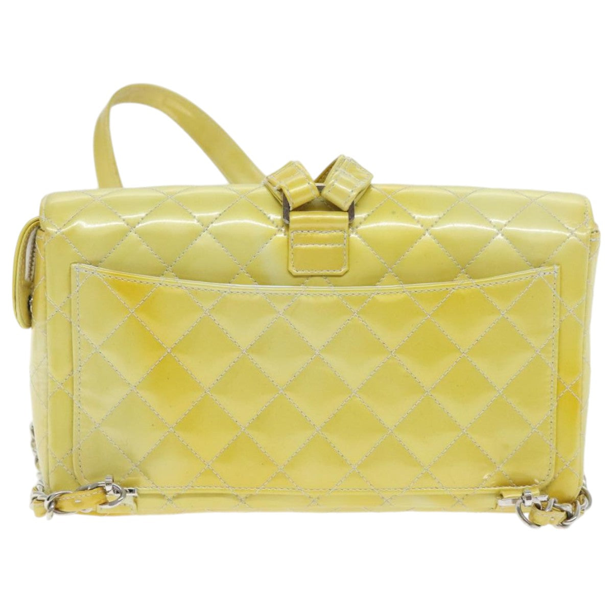 CHANEL Matelasse Backpack Patent leather Yellow Silver CC Auth 89374 - 0