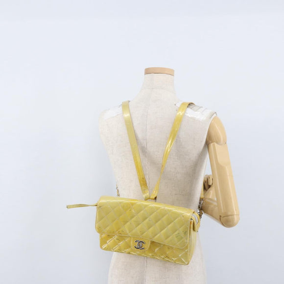 CHANEL Matelasse Backpack Patent leather Yellow Silver CC Auth 89374