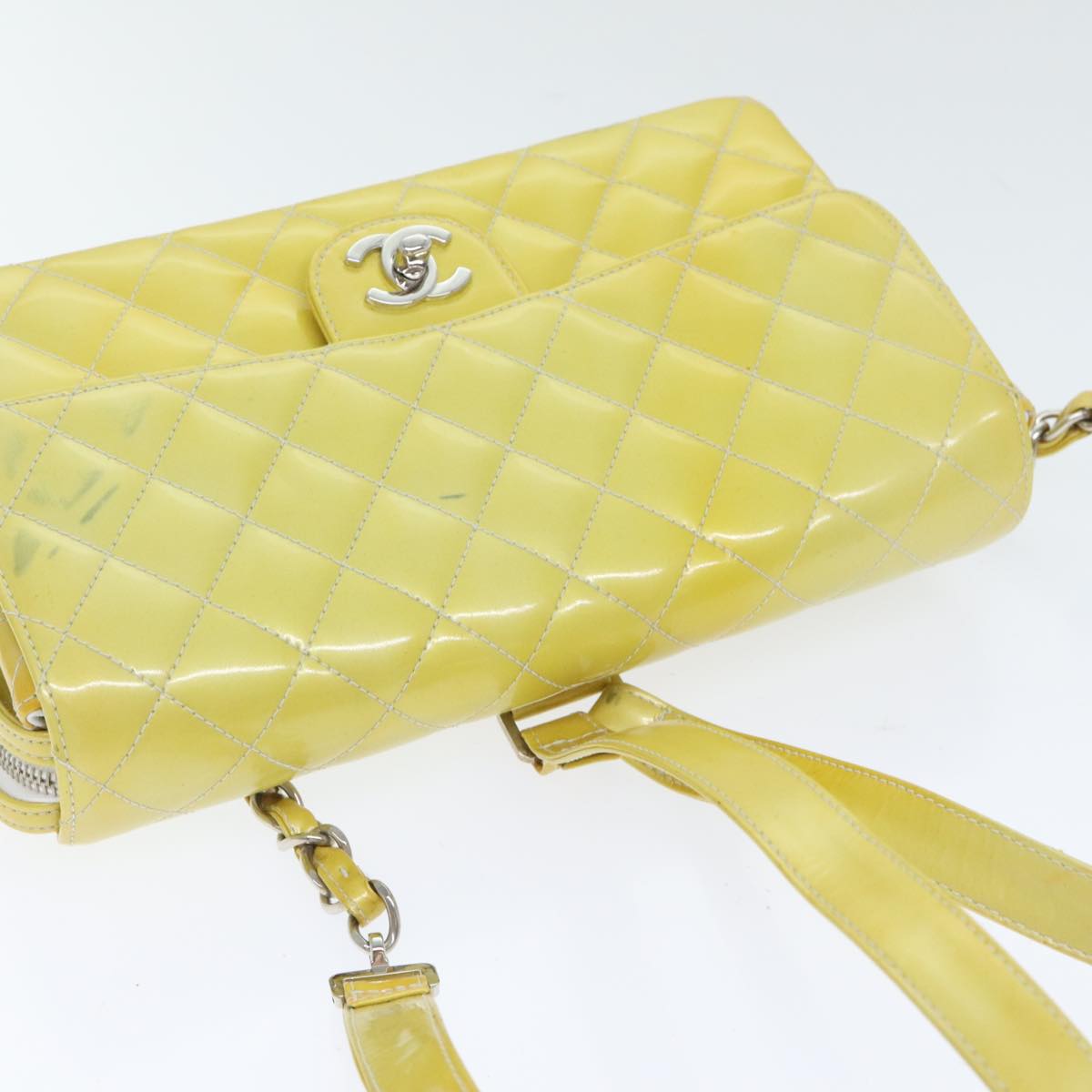 CHANEL Matelasse Backpack Patent leather Yellow Silver CC Auth 89374