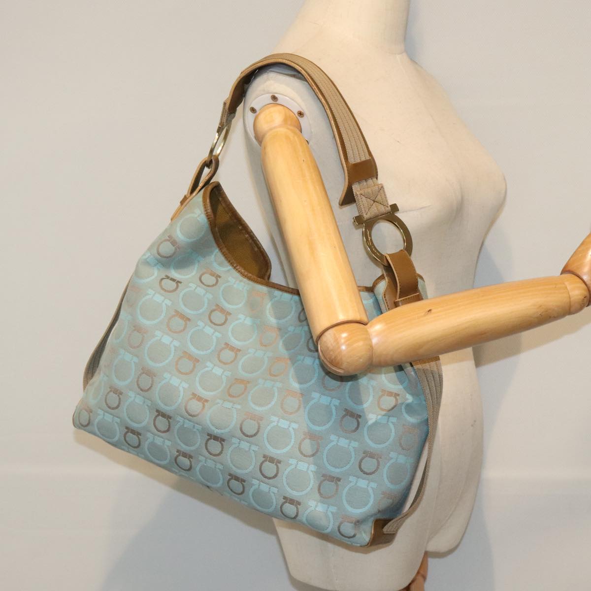 Salvatore Ferragamo Shoulder Bag Canvas Light Blue Gold Auth 89387