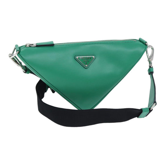PRADA Triangle Shoulder Bag Leather Green Silver Auth 89412SM