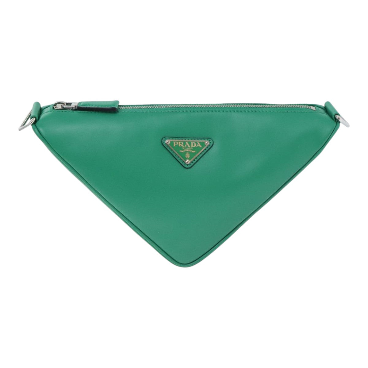 PRADA Triangle Shoulder Bag Leather Green Silver Auth 89412S