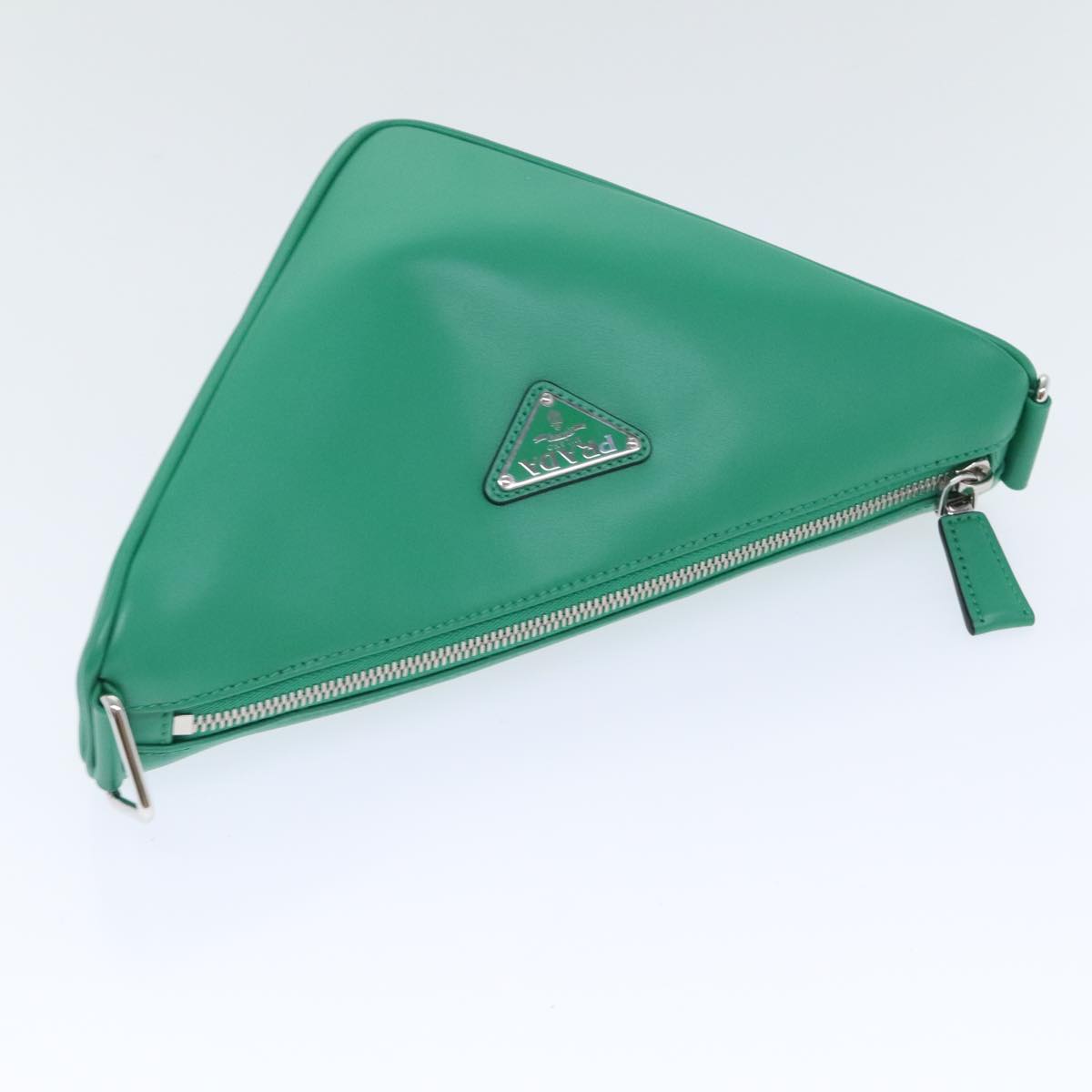 PRADA Triangle Shoulder Bag Leather Green Silver Auth 89412S