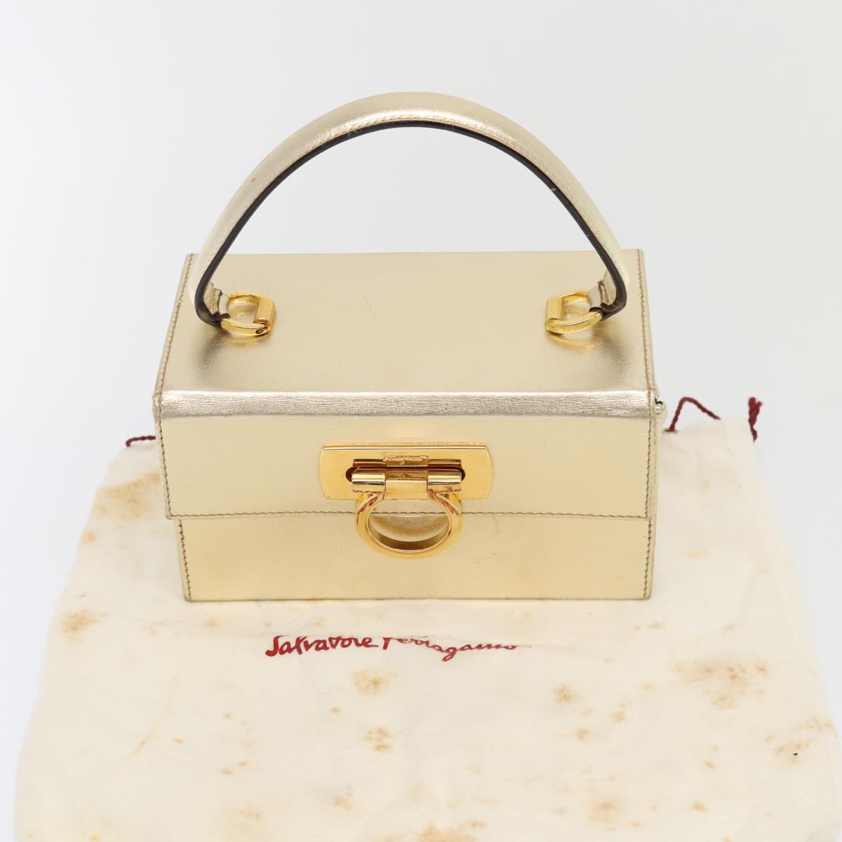 Salvatore Ferragamo Gancini Vanity Cosmetic Pouch Leather Gold Auth 89420