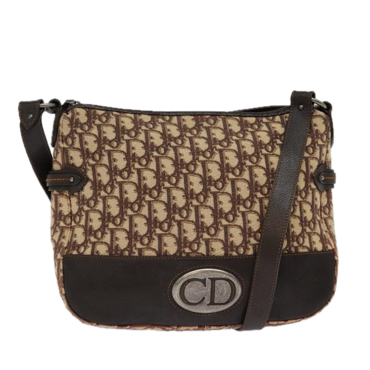 Christian Dior Trotter Canvas Shoulder Bag Beige Brown Gold Auth 89422