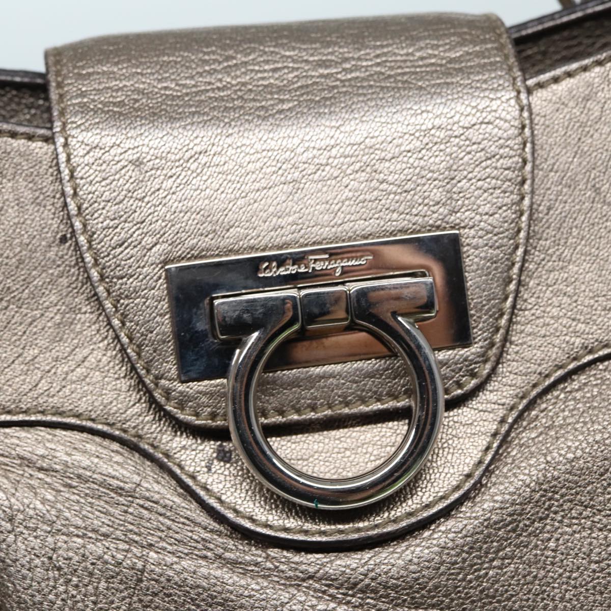 Salvatore Ferragamo Gancini Shoulder Bag Leather Gold Tone Silver Auth 89432