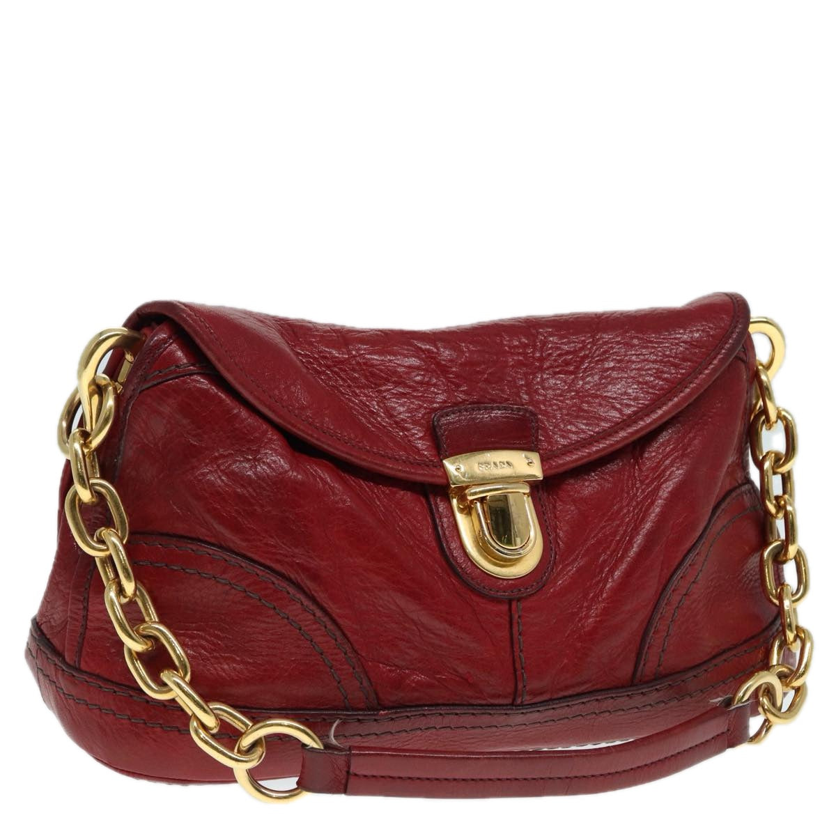 PRADA Chain Shoulder Bag Leather Red Gold Auth 89473