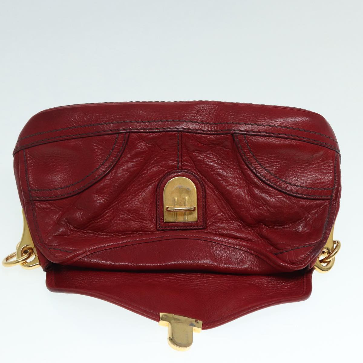 PRADA Chain Shoulder Bag Leather Red Gold Auth 89473