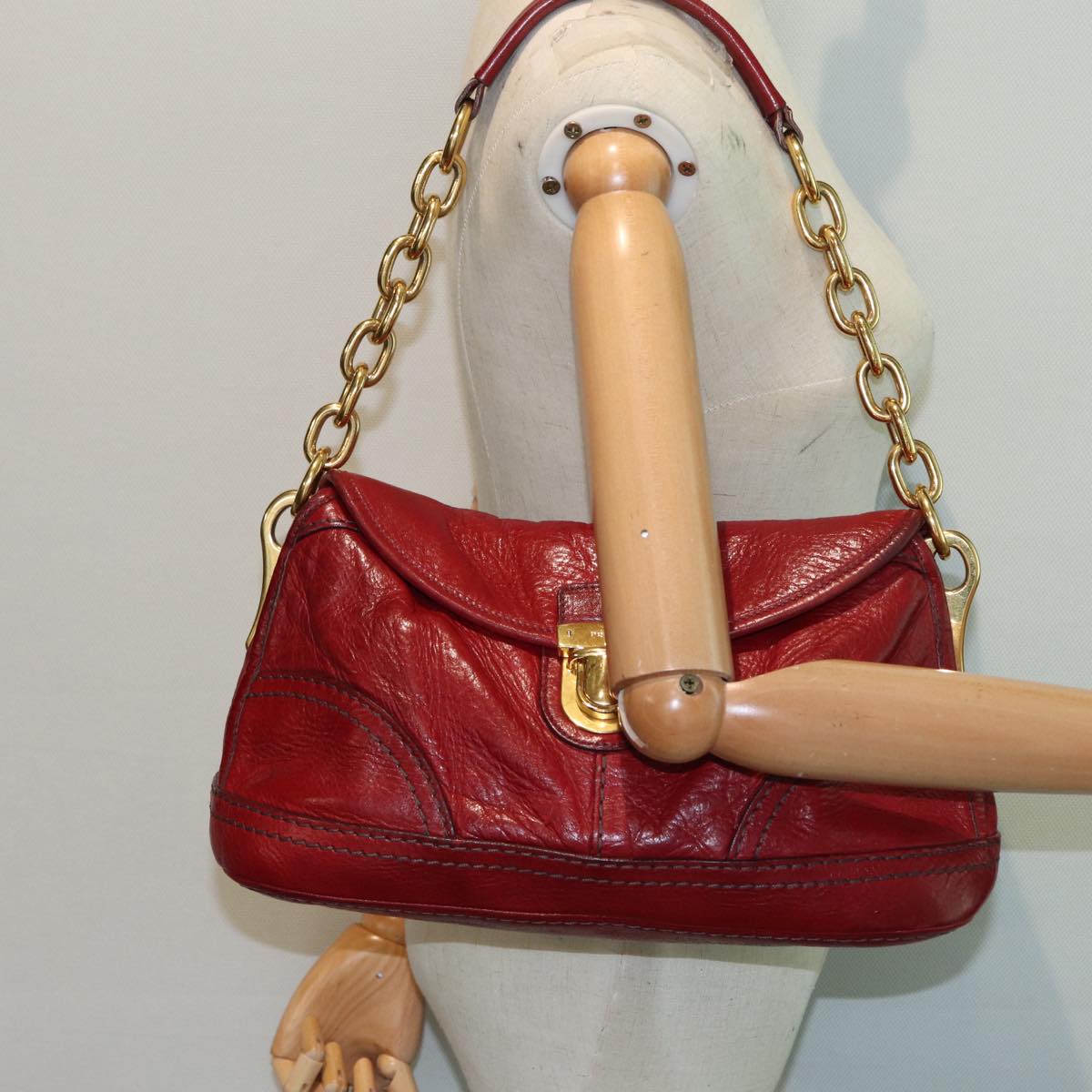 PRADA Chain Shoulder Bag Leather Red Gold Auth 89473