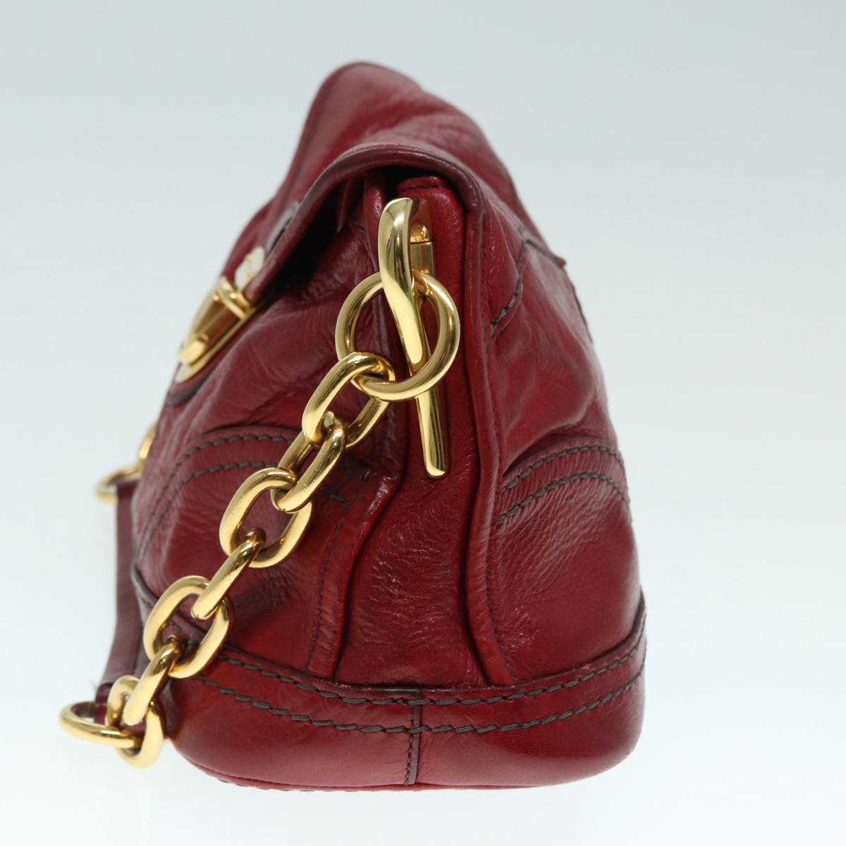 PRADA Chain Shoulder Bag Leather Red Gold Auth 89473