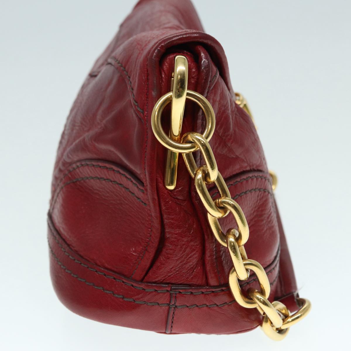 PRADA Chain Shoulder Bag Leather Red Gold Auth 89473