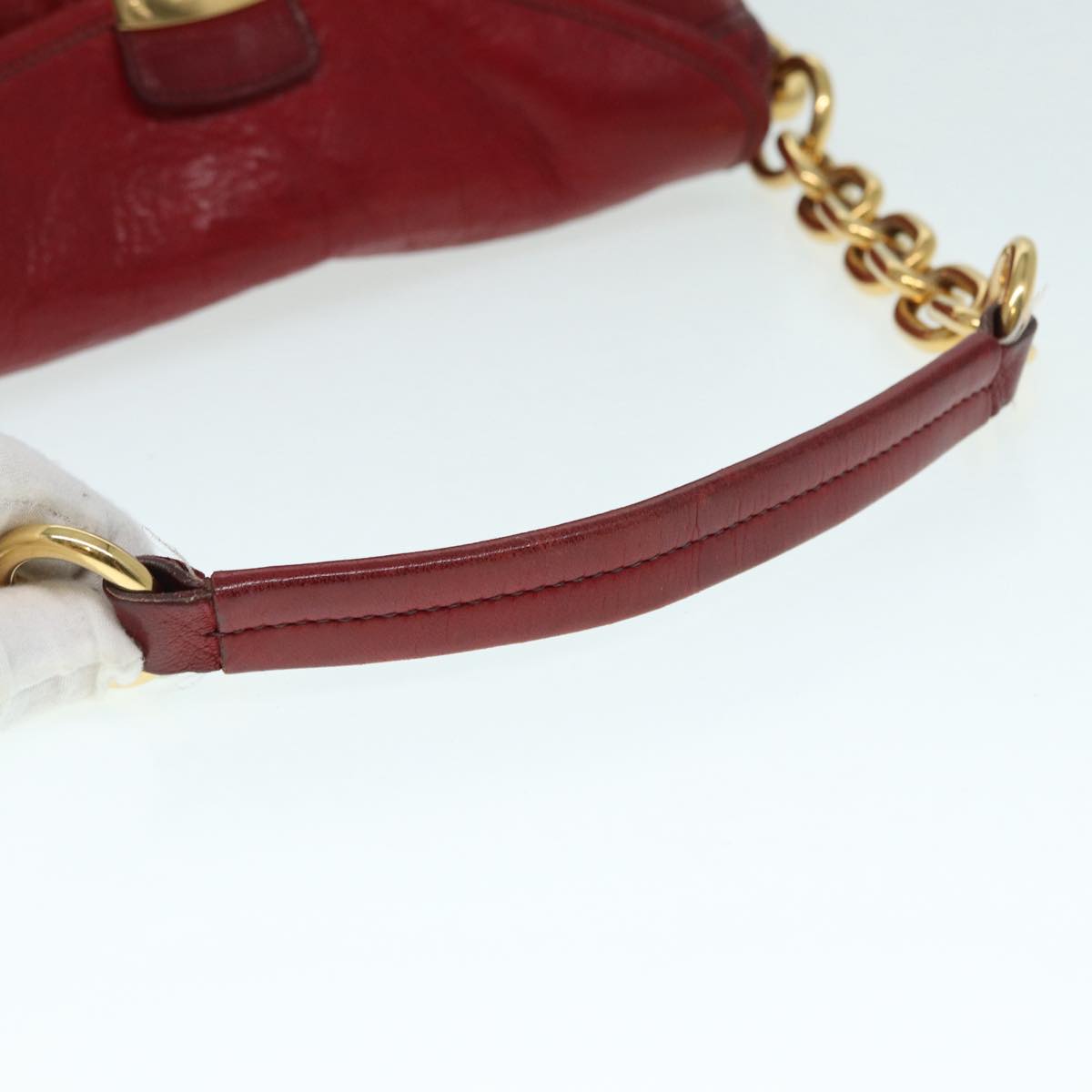 PRADA Chain Shoulder Bag Leather Red Gold Auth 89473