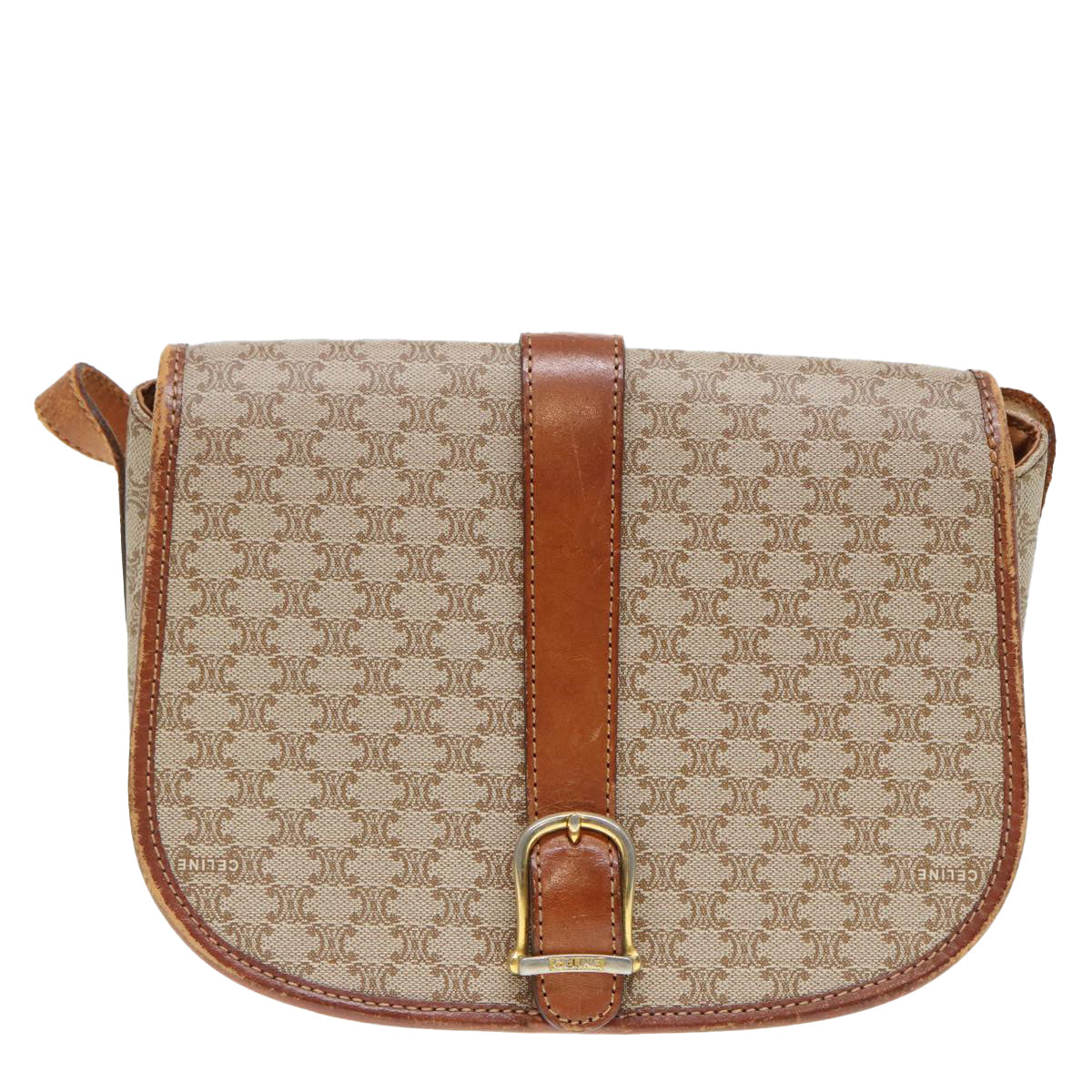 CELINE Macadam Canvas Shoulder Bag Beige Gold Auth 89506 - 0