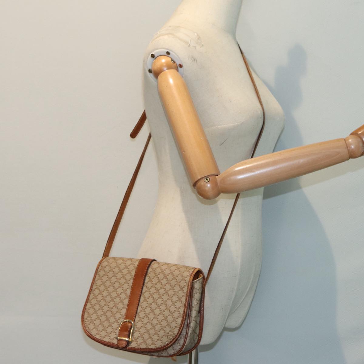 CELINE Macadam Canvas Shoulder Bag Beige Gold Auth 89506