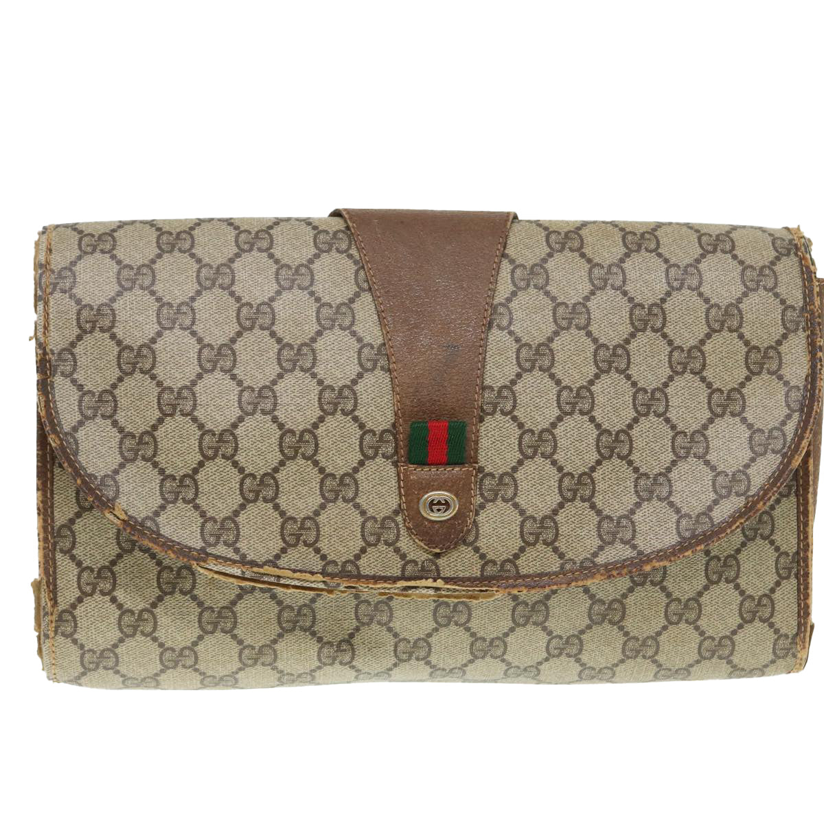 GUCCI GG Supreme Web Sherry Line Clutch Bag PVC Beige Red 89 01 031 Auth 89507