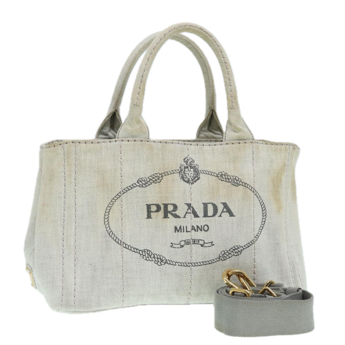 PRADA Canapa PM Hand Bag Canvas 2way Gray Gold Auth 89520