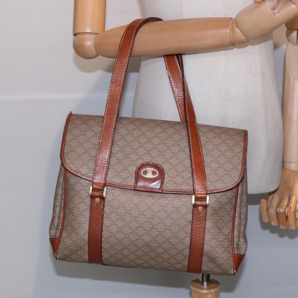 CELINE Macadam Canvas Hand Bag Beige Brown gold Auth 89534