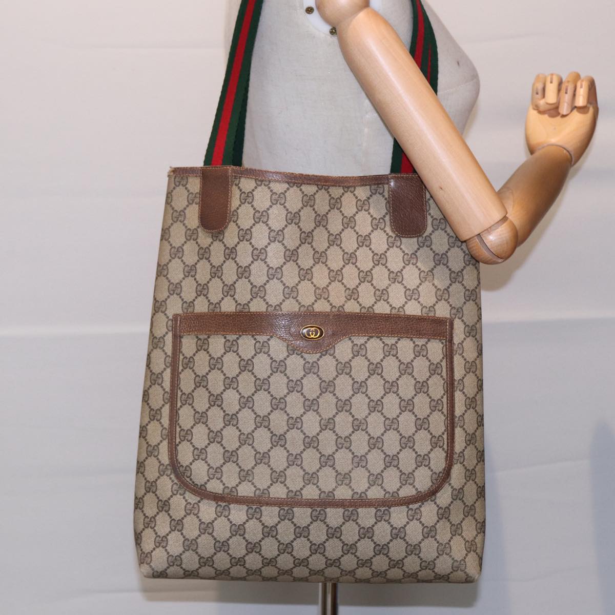 GUCCI GG Supreme Web Sherry Line Tote Bag PVC Beige 001 080 494 Auth 89539