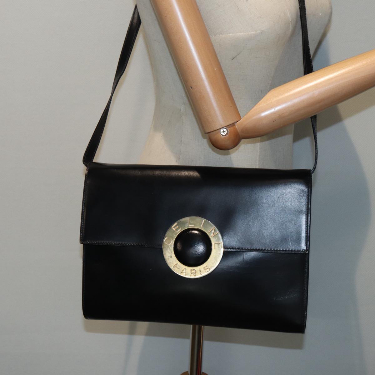 CELINE Shoulder Bag Leather Black Gold Auth 89545