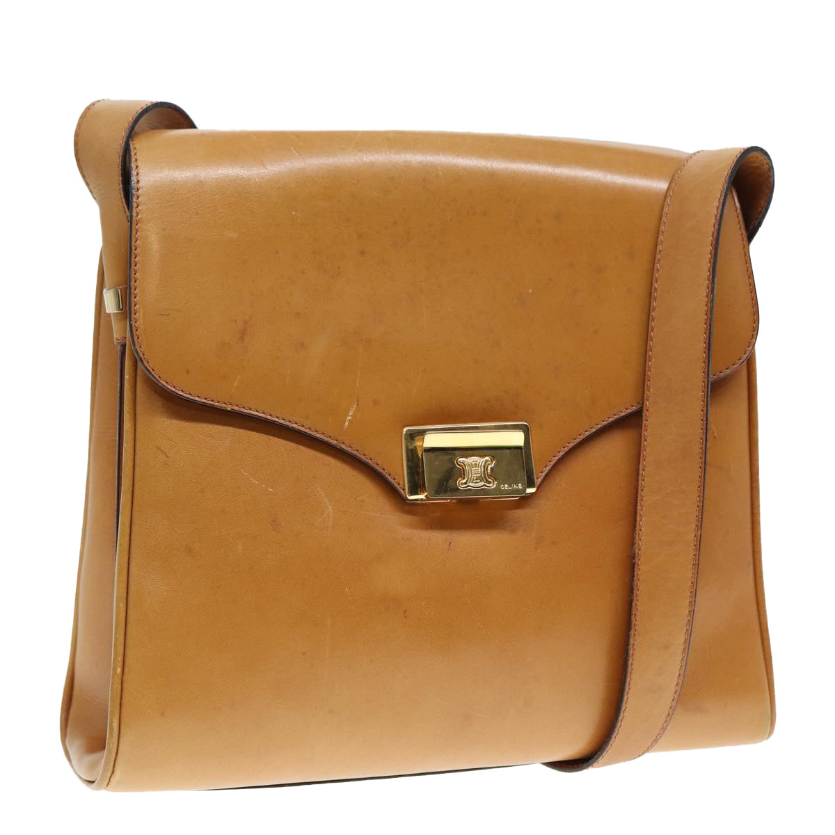 CELINE Shoulder Bag Leather Brown Gold Auth 89550