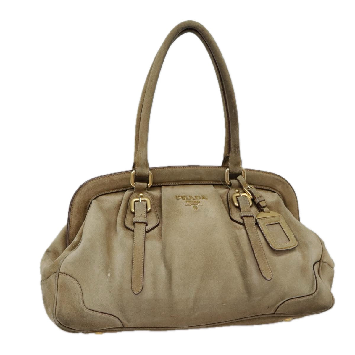 PRADA Shoulder Bag Suede Beige Gold Auth 89551