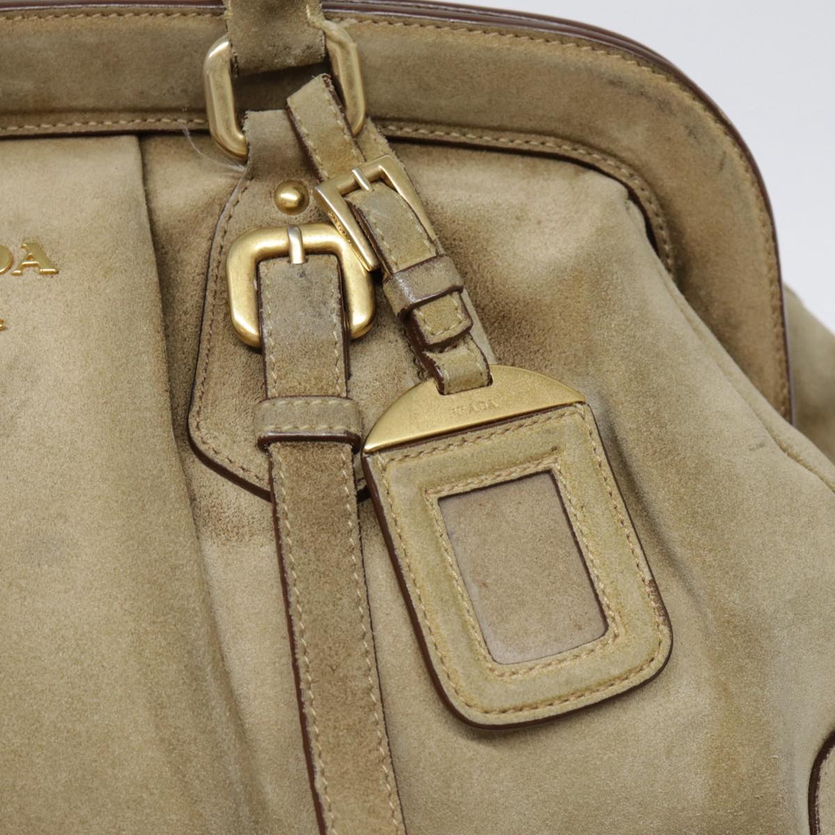 PRADA Shoulder Bag Suede Beige Gold Auth 89551