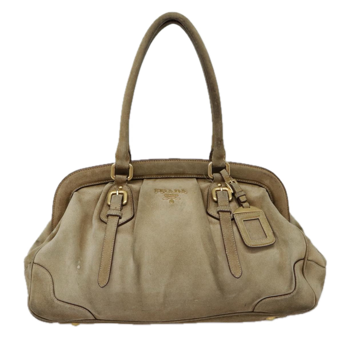 PRADA Shoulder Bag Suede Beige Gold Auth 89551