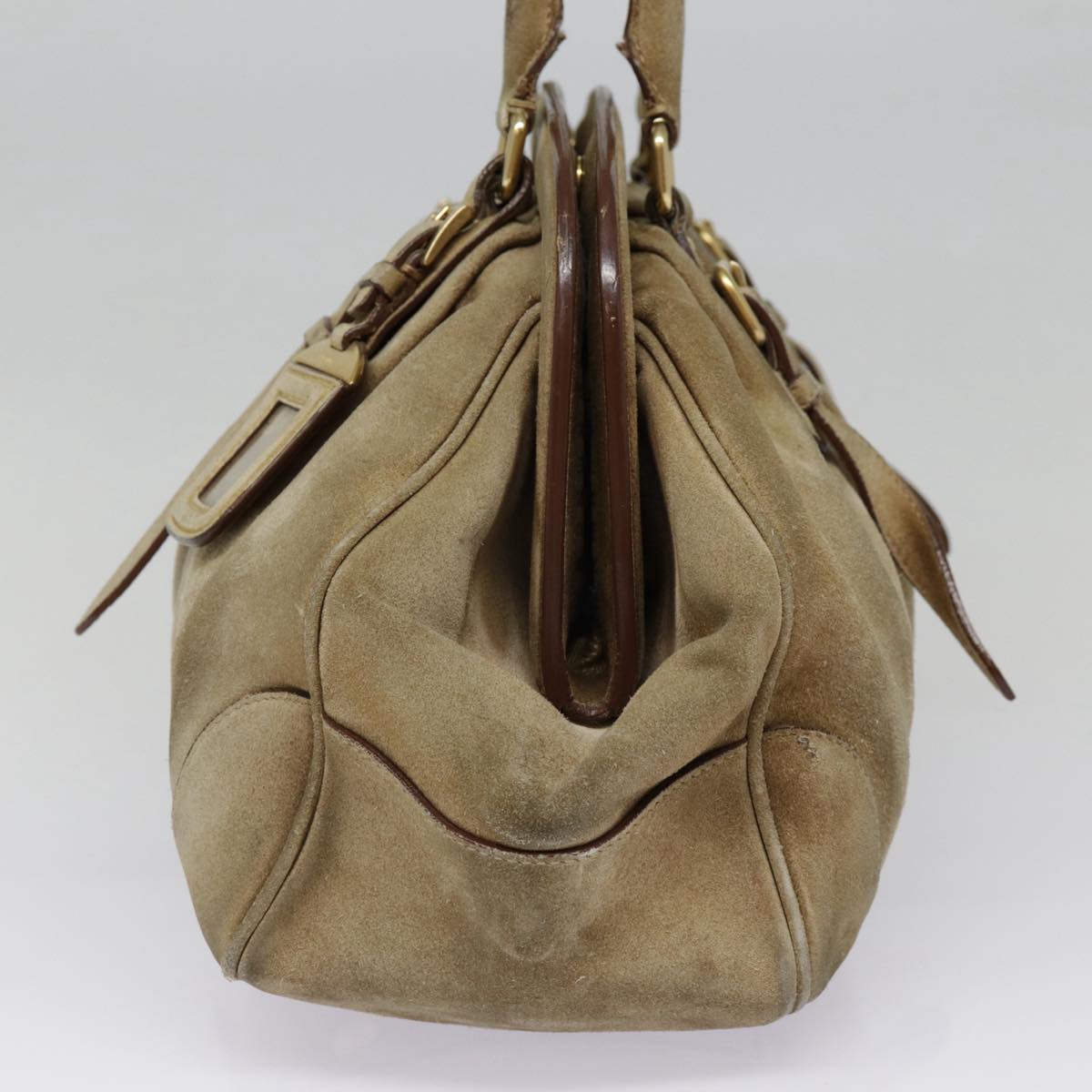 PRADA Shoulder Bag Suede Beige Gold Auth 89551