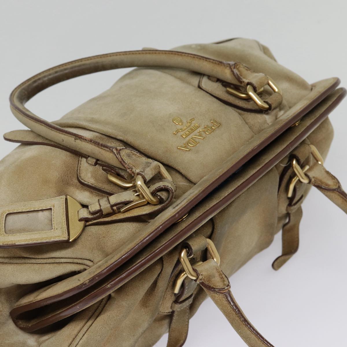 PRADA Shoulder Bag Suede Beige Gold Auth 89551