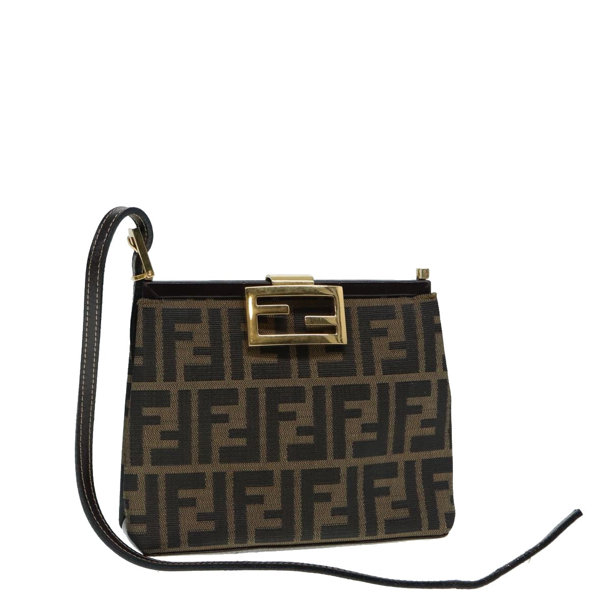 FENDI Zucca Canvas Mamma Baguette Shoulder Bag Gold Black Brown Auth 89560