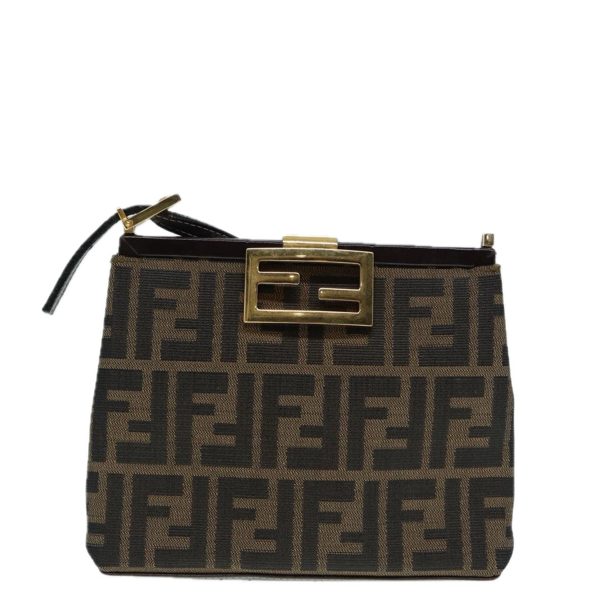 FENDI Zucca Canvas Mamma Baguette Shoulder Bag Gold Black Brown Auth 89560