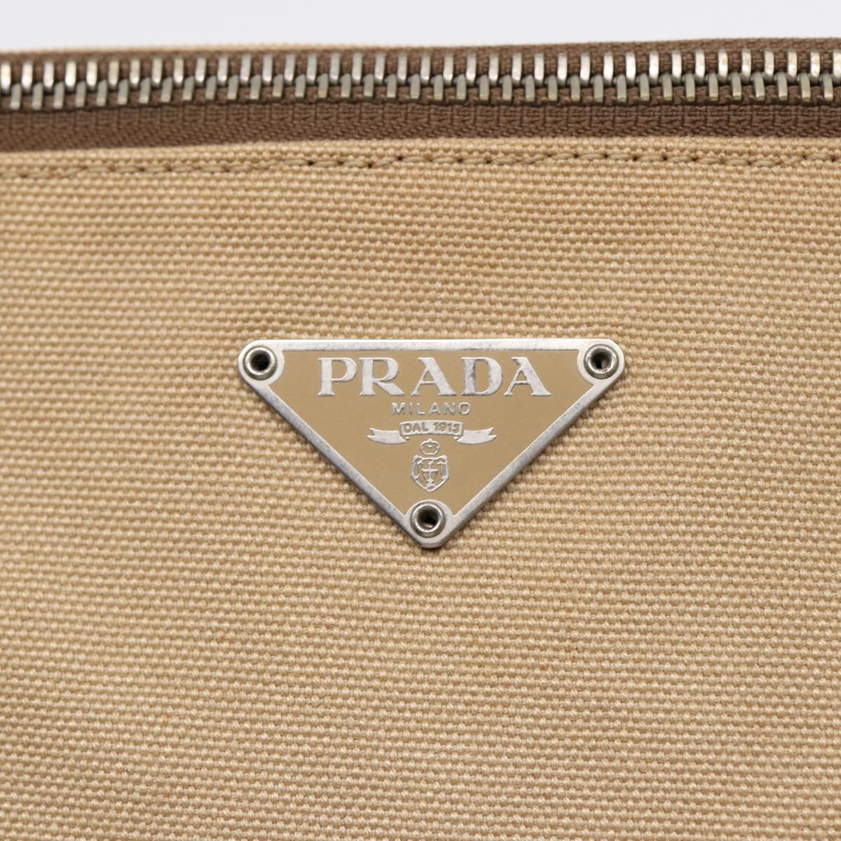 PRADA Shoulder Bag Canvas Beige Silver Green Auth 89561