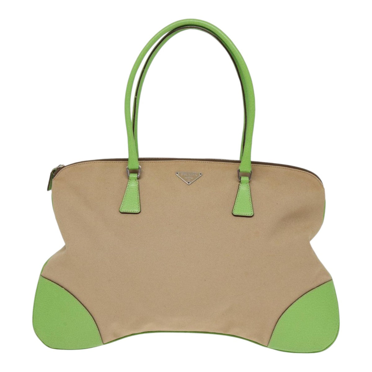 PRADA Shoulder Bag Canvas Beige Silver Green Auth 89561