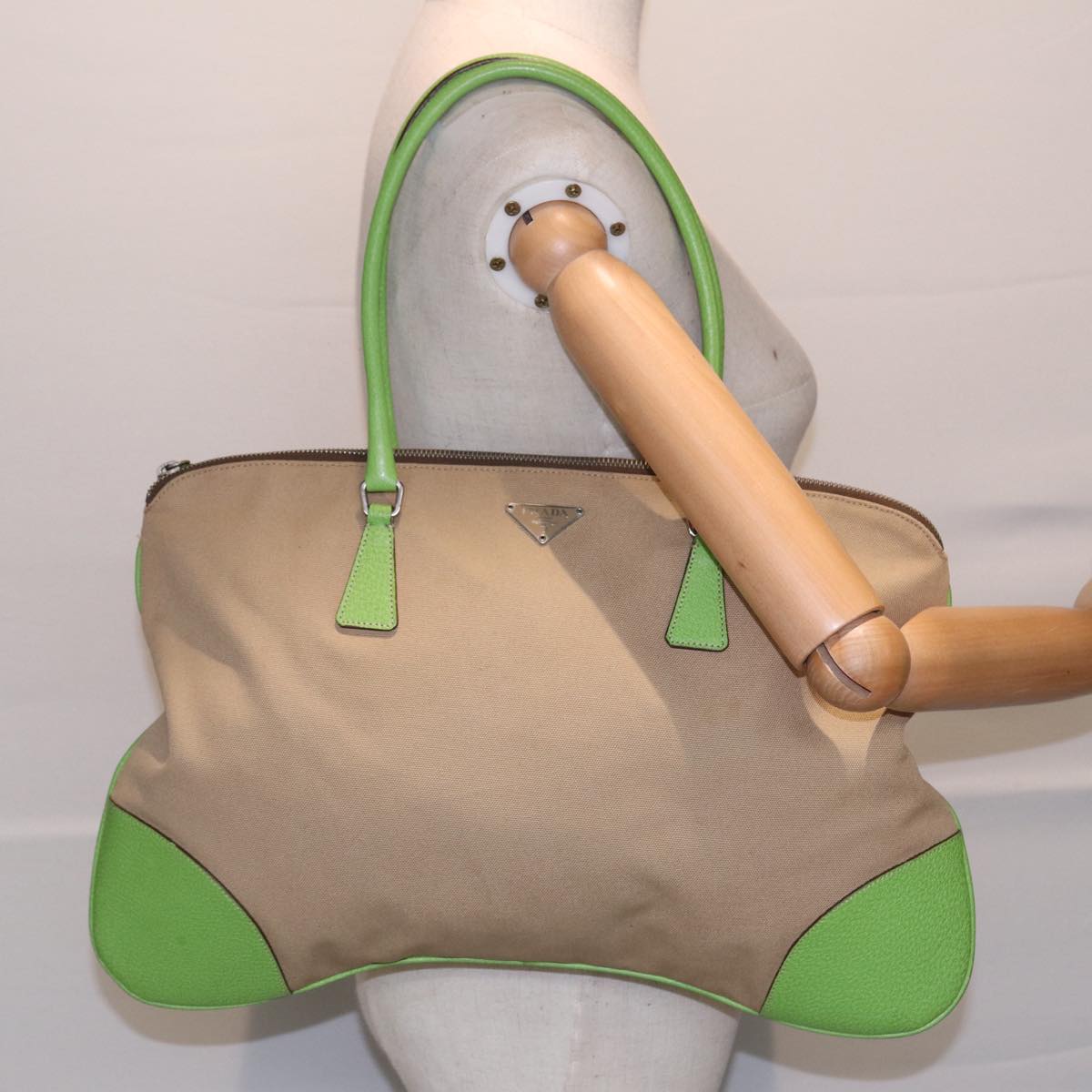 PRADA Shoulder Bag Canvas Beige Silver Green Auth 89561