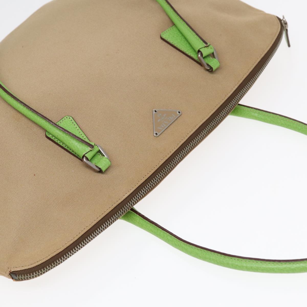 PRADA Shoulder Bag Canvas Beige Silver Green Auth 89561