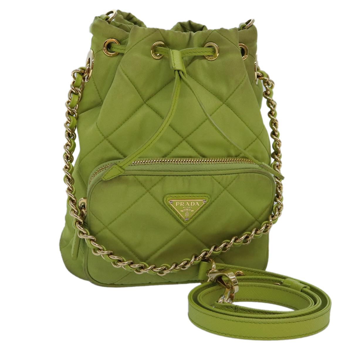 PRADA Chain Shoulder Bag Nylon 2way Green Gold Auth 89566