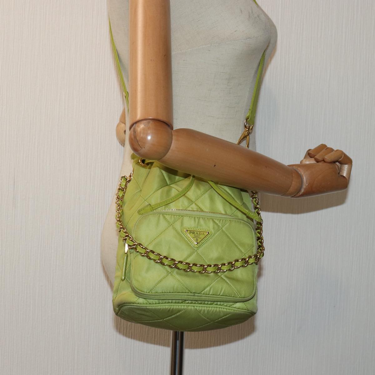 PRADA Chain Shoulder Bag Nylon 2way Green Gold Auth 89566