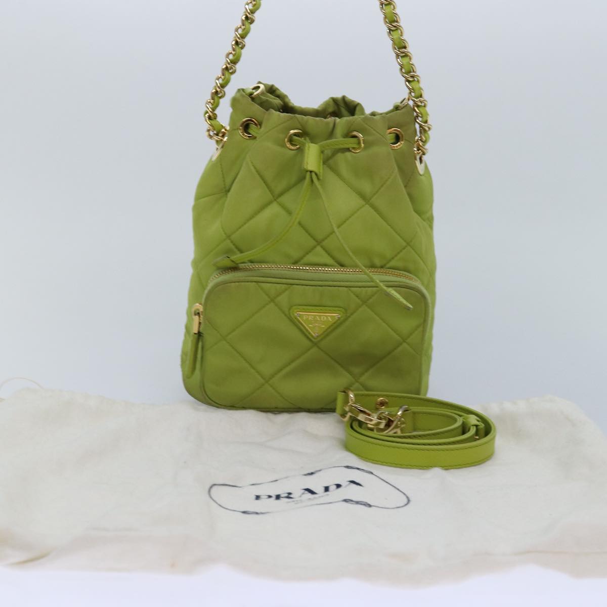 PRADA Chain Shoulder Bag Nylon 2way Green Gold Auth 89566