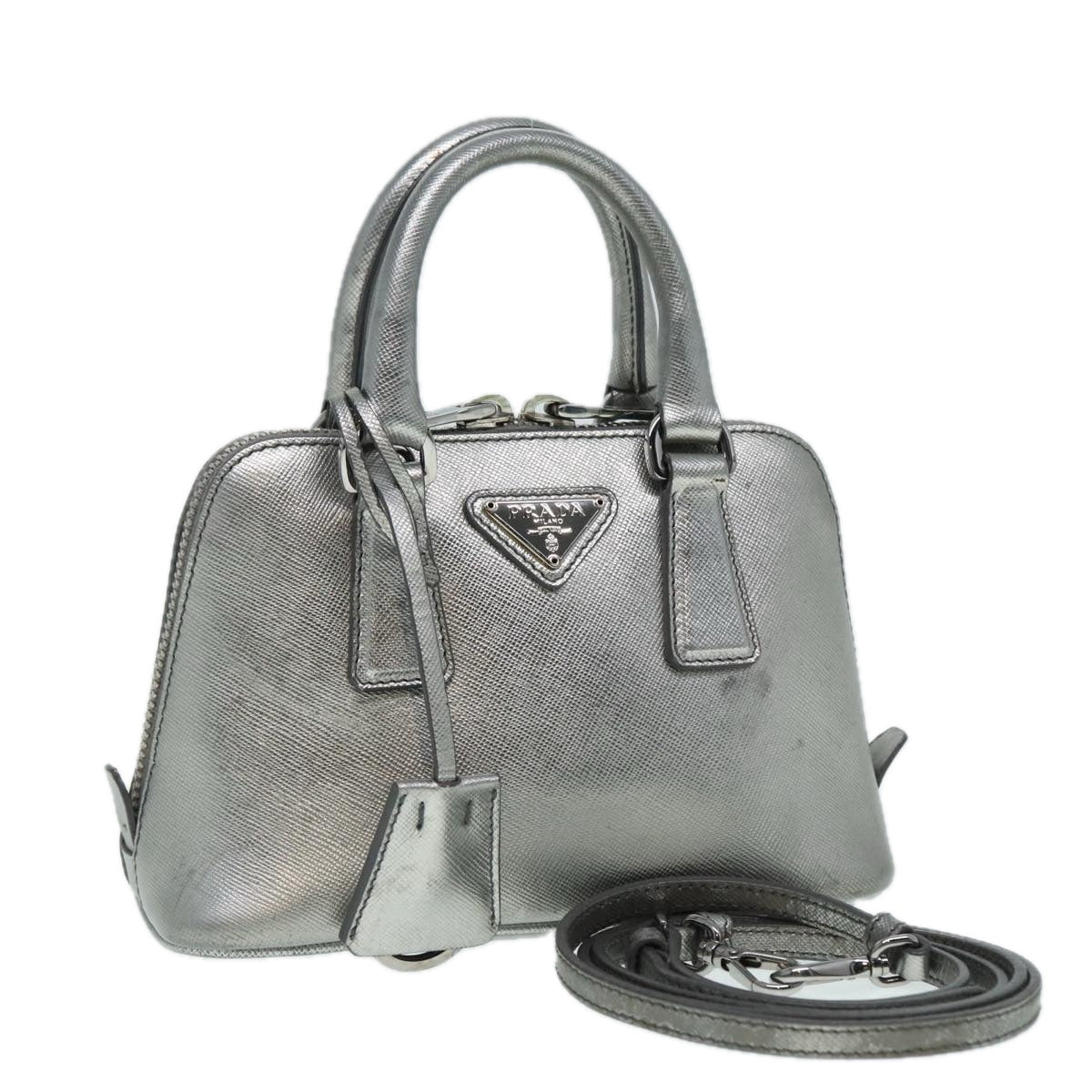 PRADA Hand Bag Safiano leather 2way Silver Auth 89571